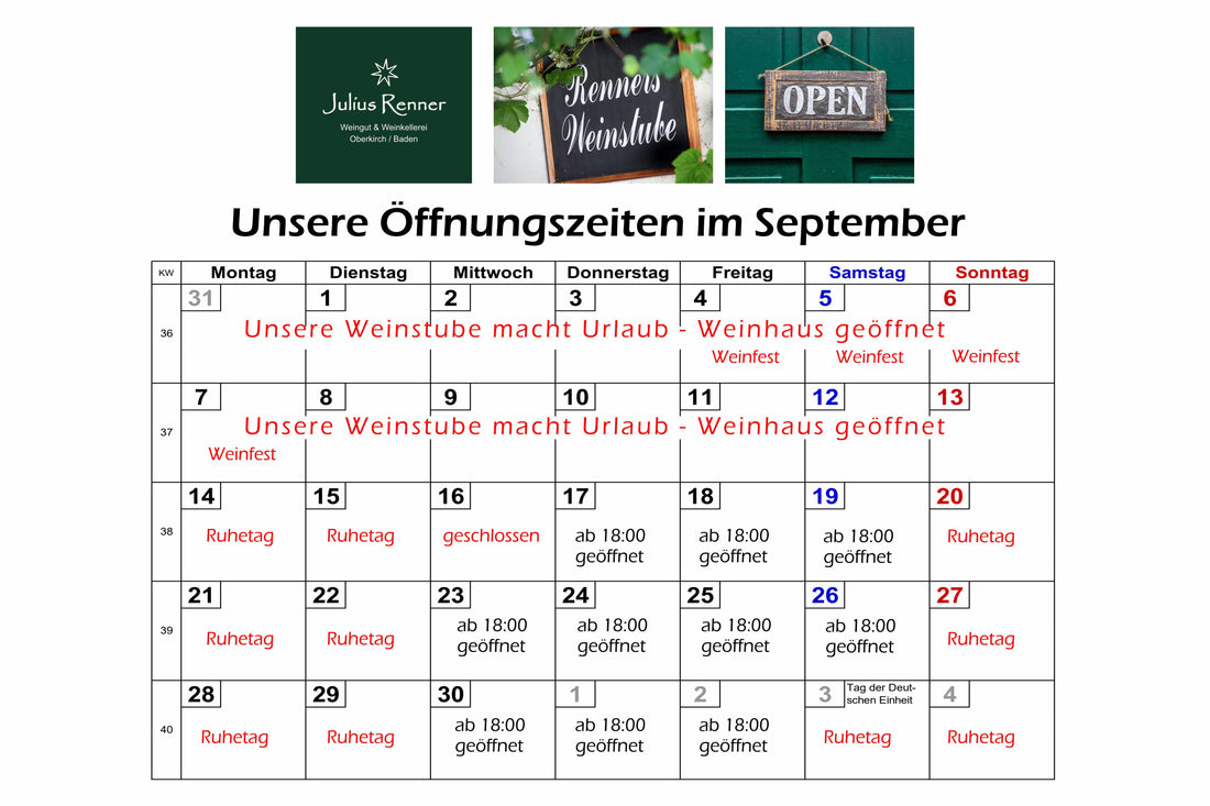 Die September-Öffnungszeiten unserer Weinstube