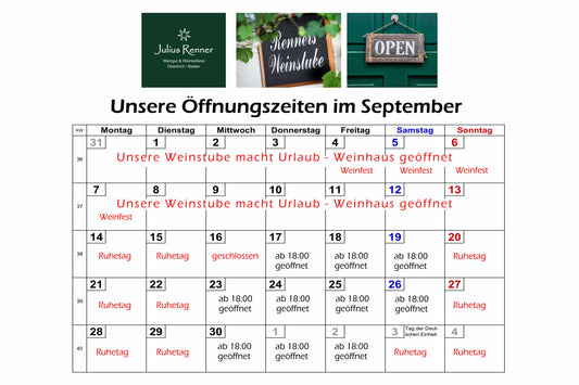Die September-Öffnungszeiten unserer Weinstube